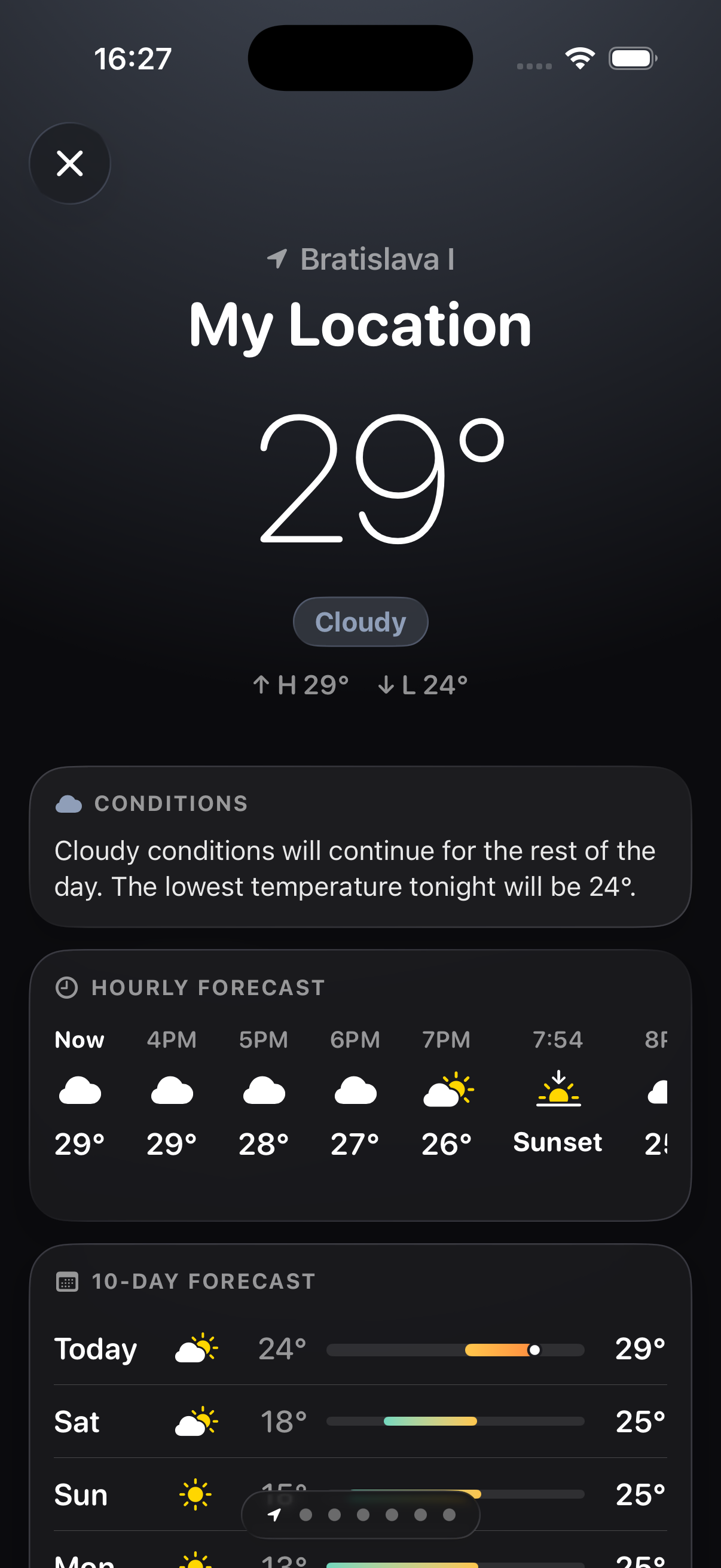 City detail page with hourly and 10-day forecast