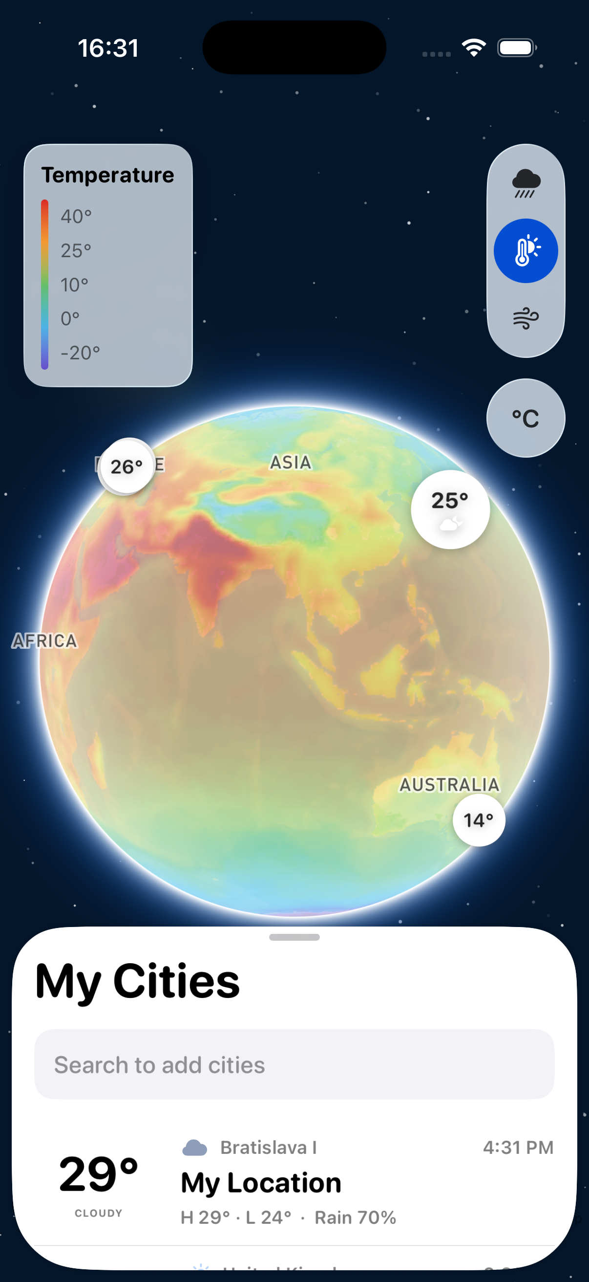 Temperature layer draped over the globe