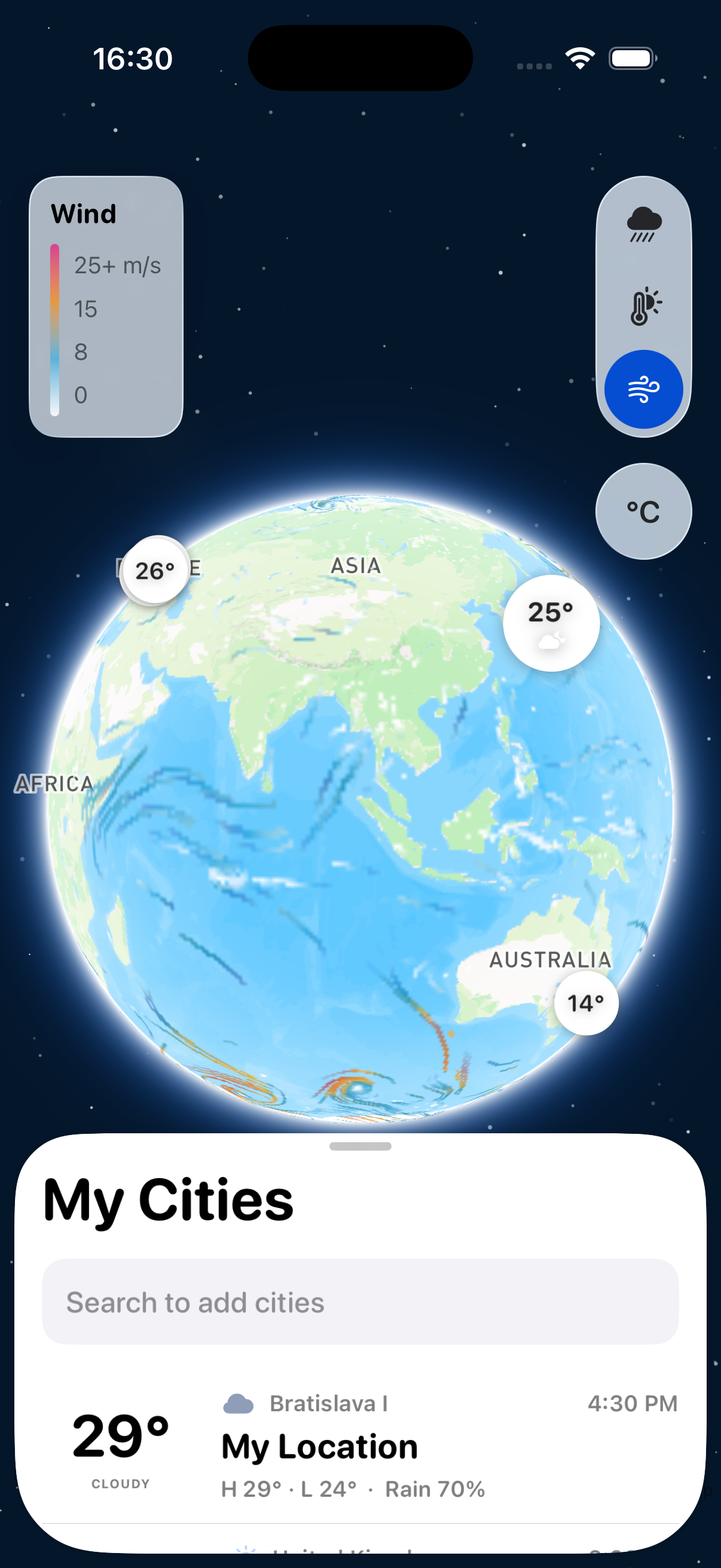 Animated wind particles flowing over the globe